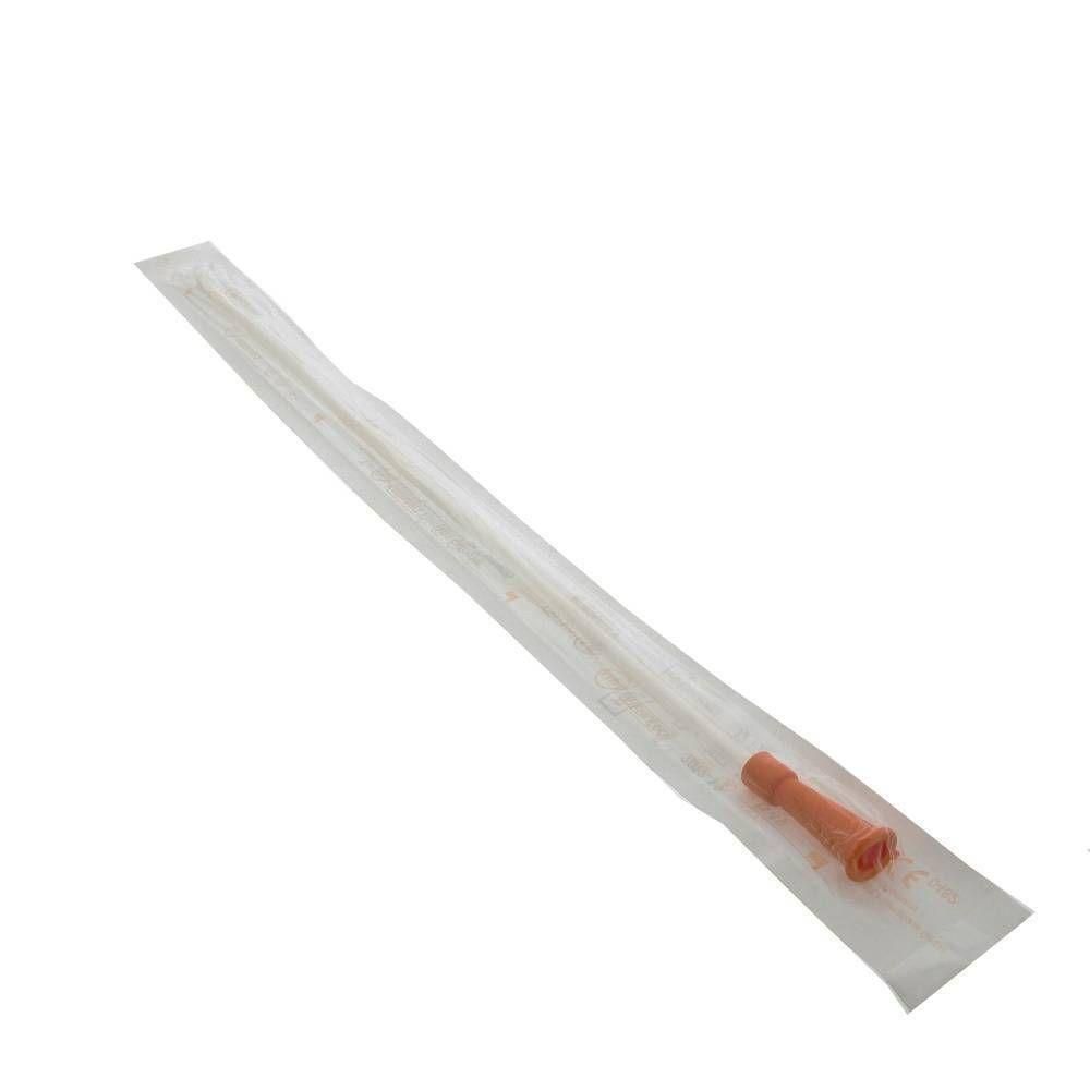 Steriele Tiemann-sonde van kunststof met oranje connector, in verpakking.