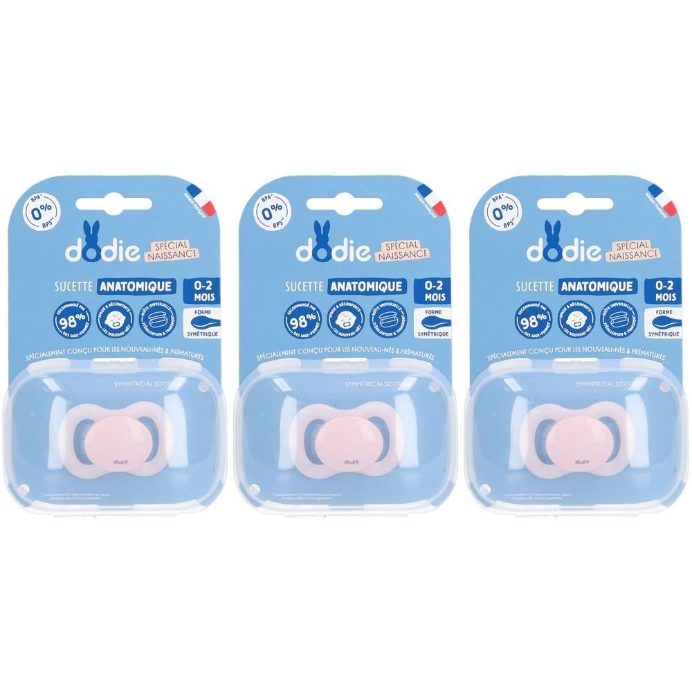 Trois sucettes anatomiques roses pour nouveau-nés (0-2 mois) sous blister.