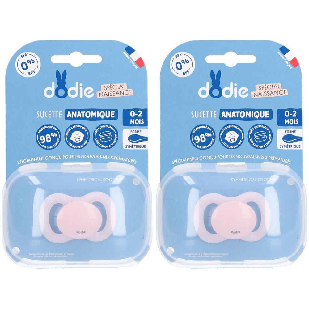 Deux sucettes anatomiques Dodie 0-2 mois, roses, dans leur étui de protection transparent.