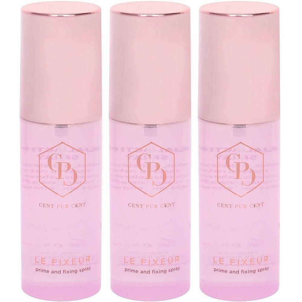 Drie flacons Cent Pur Cent Le Fixeur, een primer en fixatiespray.