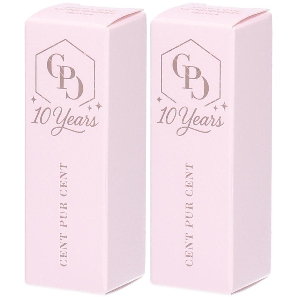 Deux boîtes roses avec l'inscription '10 Years' et 'CENT PUR CENT'.