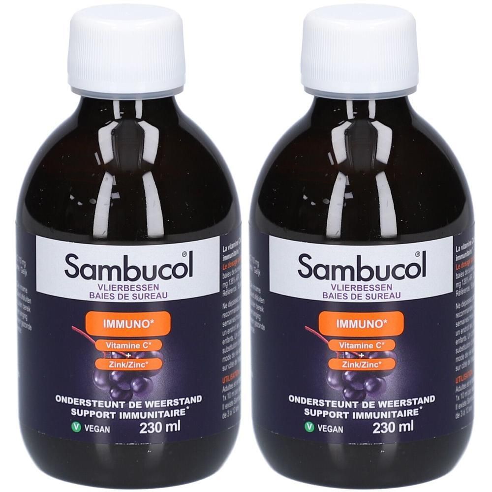 Twee flessen Sambucol Immuno met vlierbessen, vitamine C en zink. 230 ml.