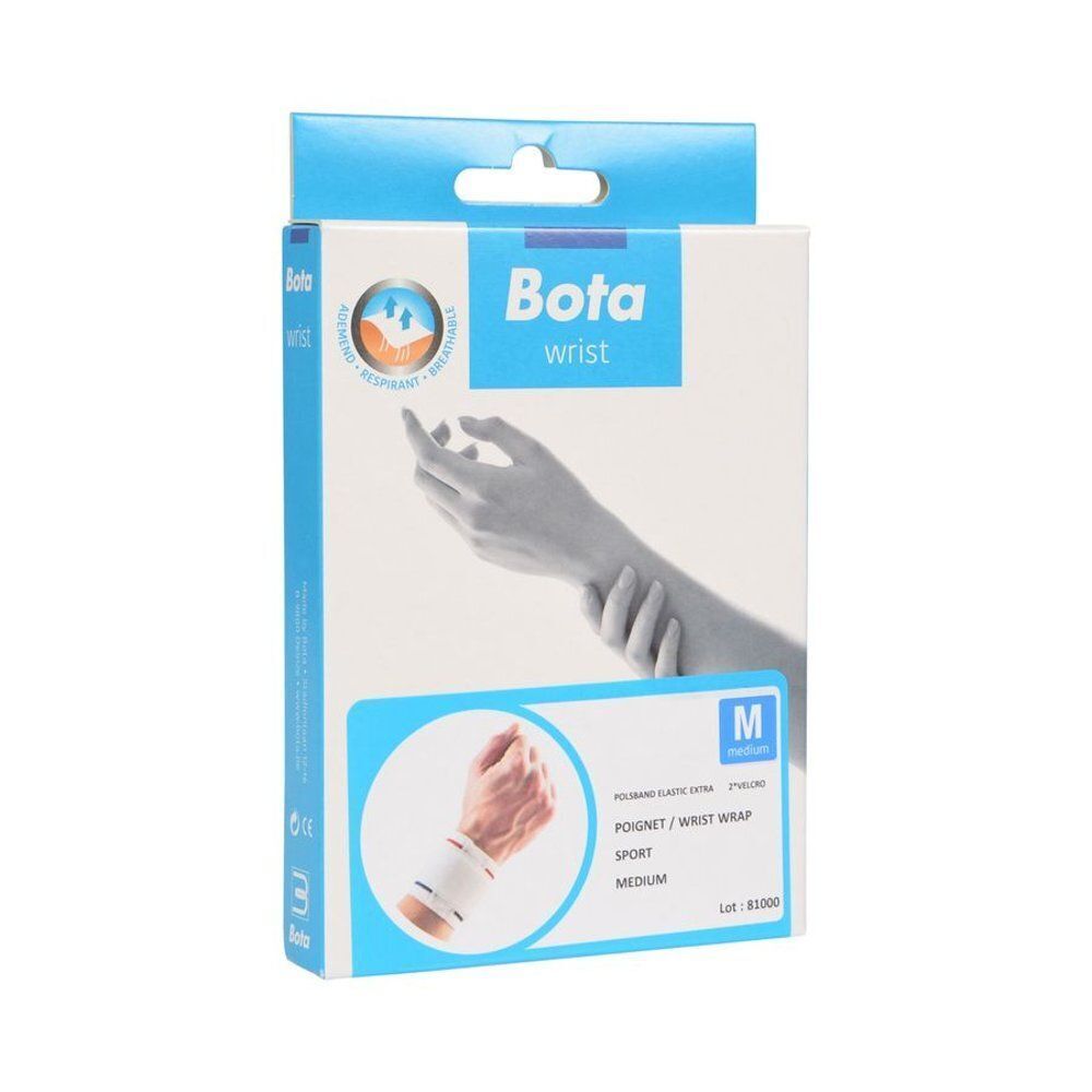 Verpakking van een witte polsband met blauwe en rode strepen, maat M.