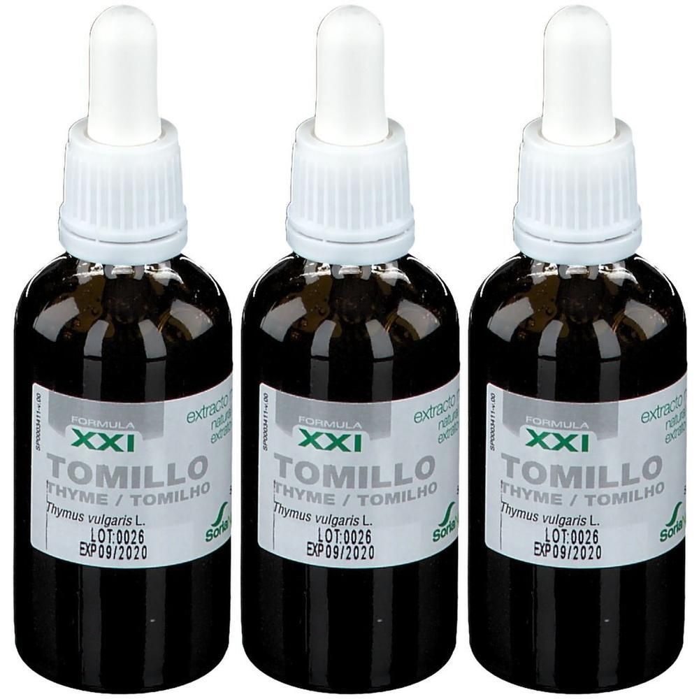 Trois flacons compte-gouttes avec liquide foncé, étiquette "TOMILLO" et "Thymus vulgaris L."