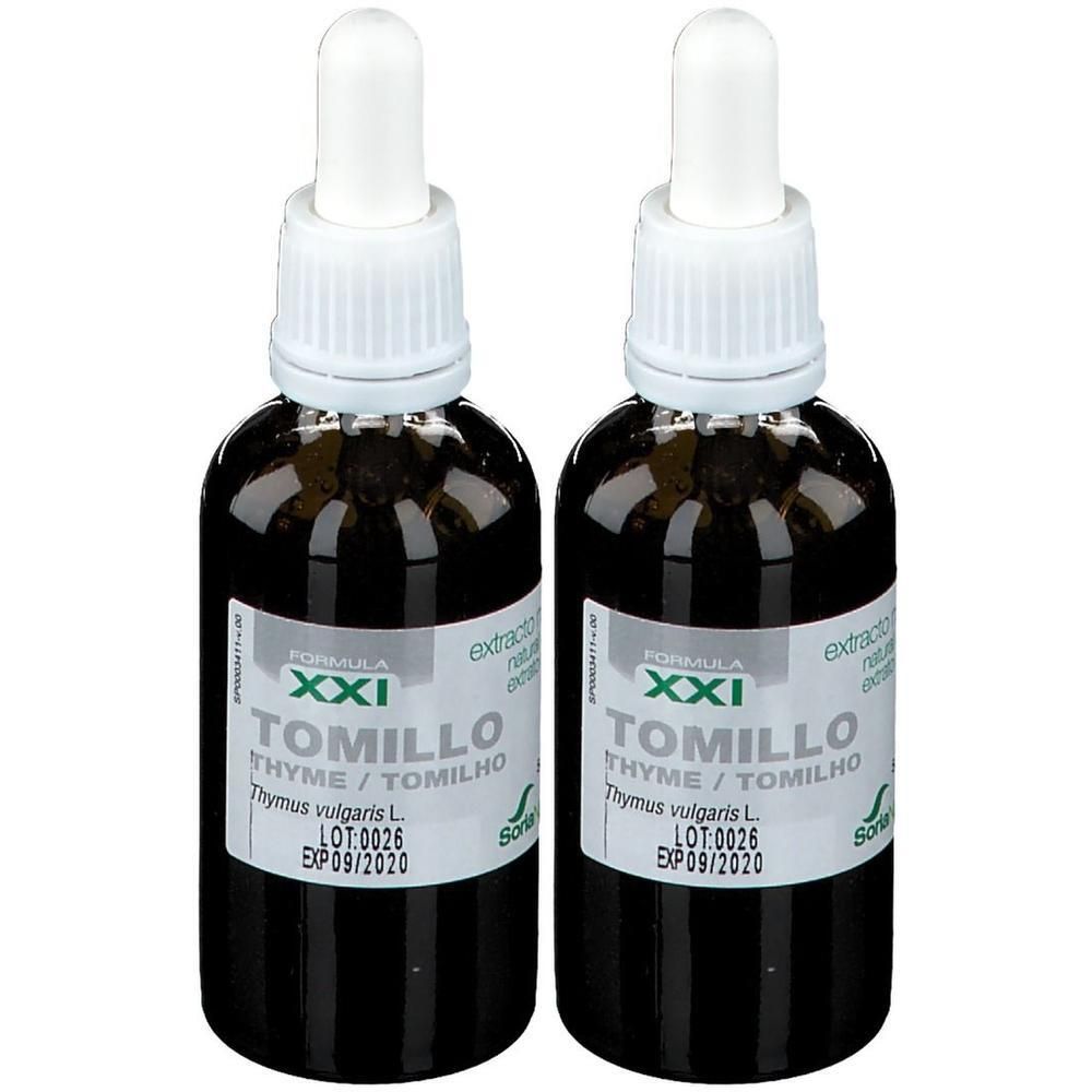Twee donkere glazen flesjes met druppelaar, gevuld met vloeibaar extract. Etiketten tonen "TOMILLO THYME".