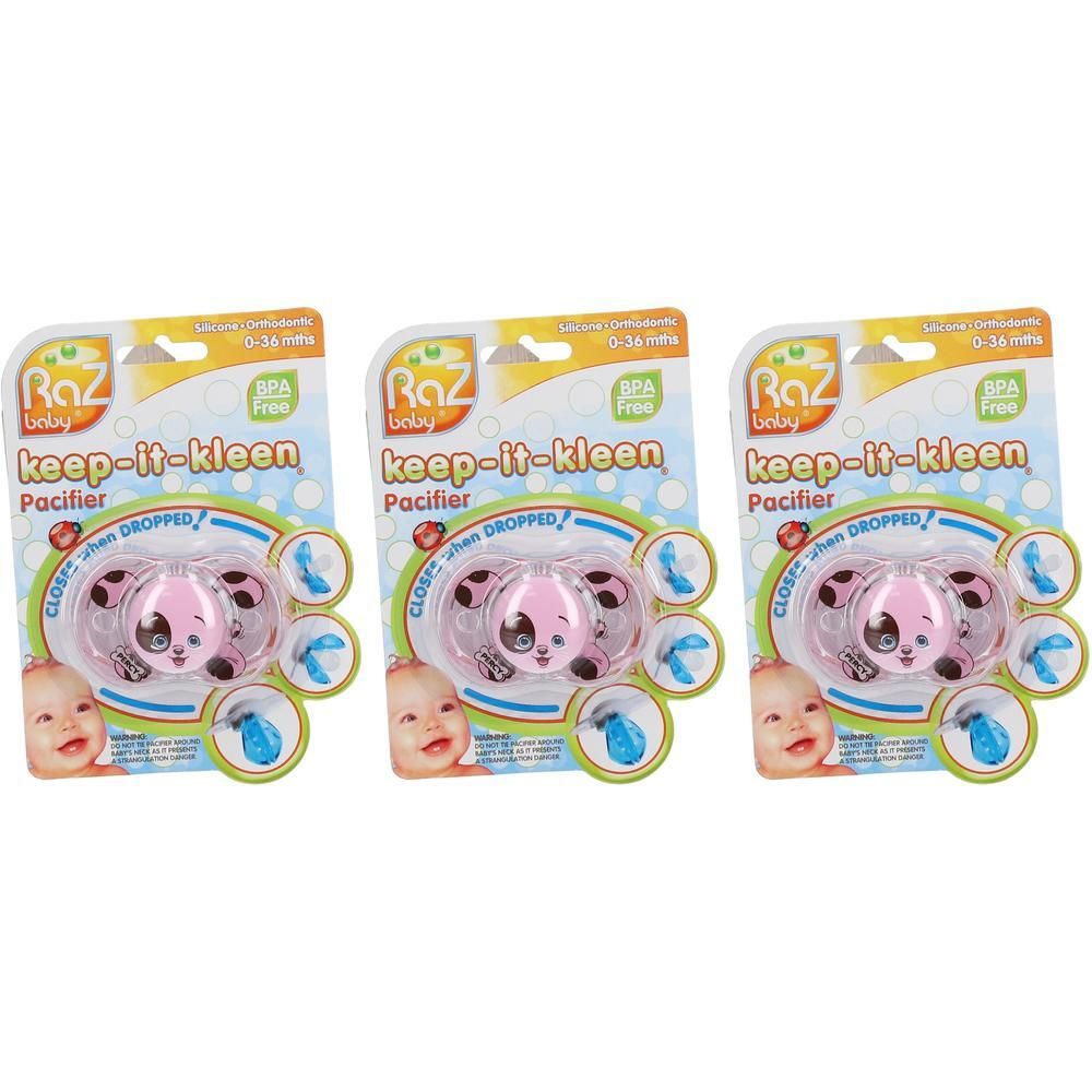 Drie roze Raz Baby fopspeentjes Keep-it-kleen, BPA-vrij, 0-36 maanden.