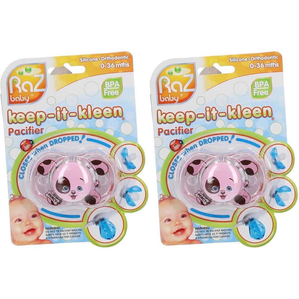 Twee Raz Baby "keep-it-kleen" fopspenen roze met hondengezicht-design, 0-36 mnd, BPA-vrij.