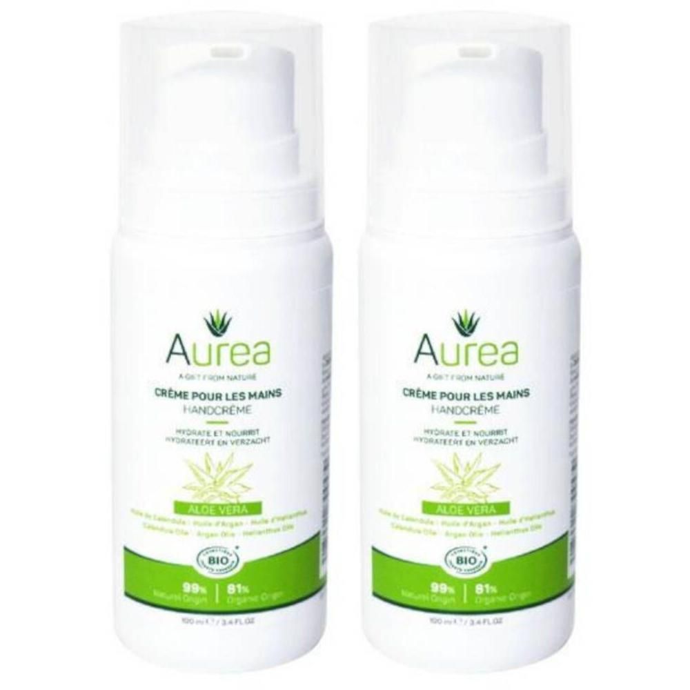 Twee witte pompflesjes met Aurea handcrème, Aloë Vera.
