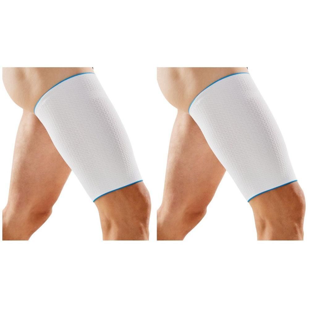 Deux manchons de cuisse de compression blancs avec bordures bleues.