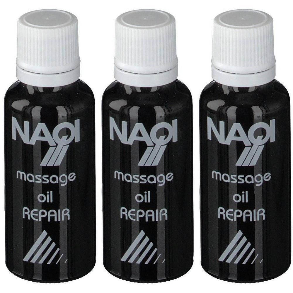 Trois bouteilles d'huile de massage NAQI Repair avec bouchons à vis blancs.