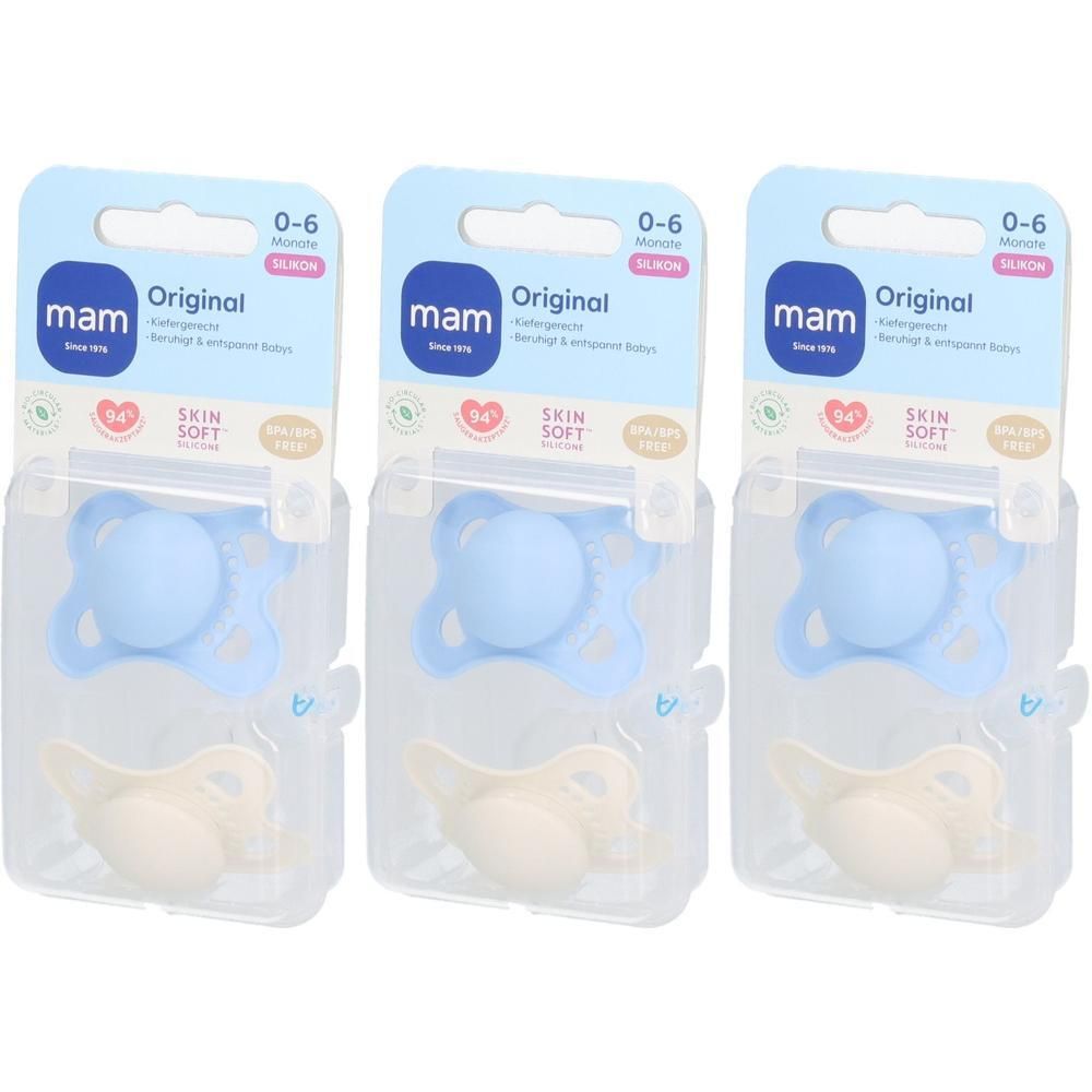 Trois sucettes MAM Original en silicone bleu et beige pour 0-6 mois, emballées.