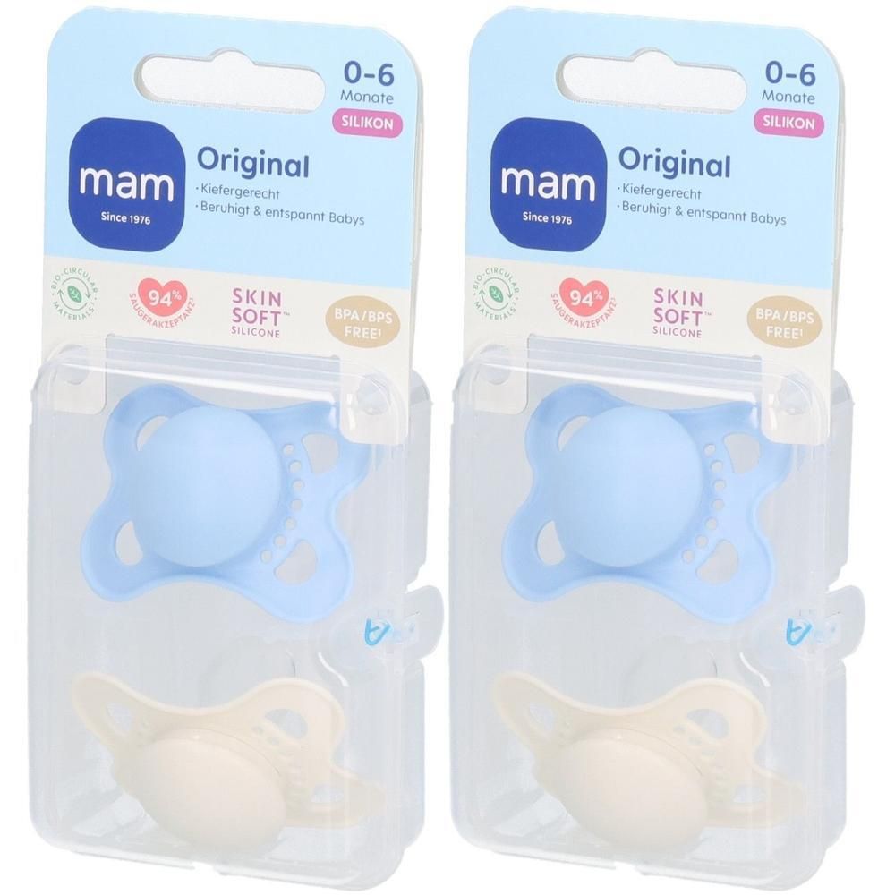 Twee MAM Original siliconen fopspeen, 0-6 maanden, blauw en beige, in individuele verpakking.