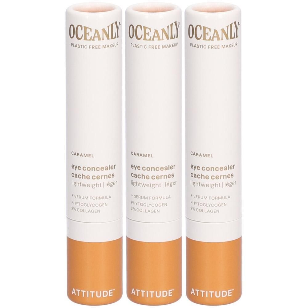 Drie tubes oogconcealer in karamelkleur met opschriften "OCEANLY PLASTIC FREE MAKEUP" en "ATTITUDE".