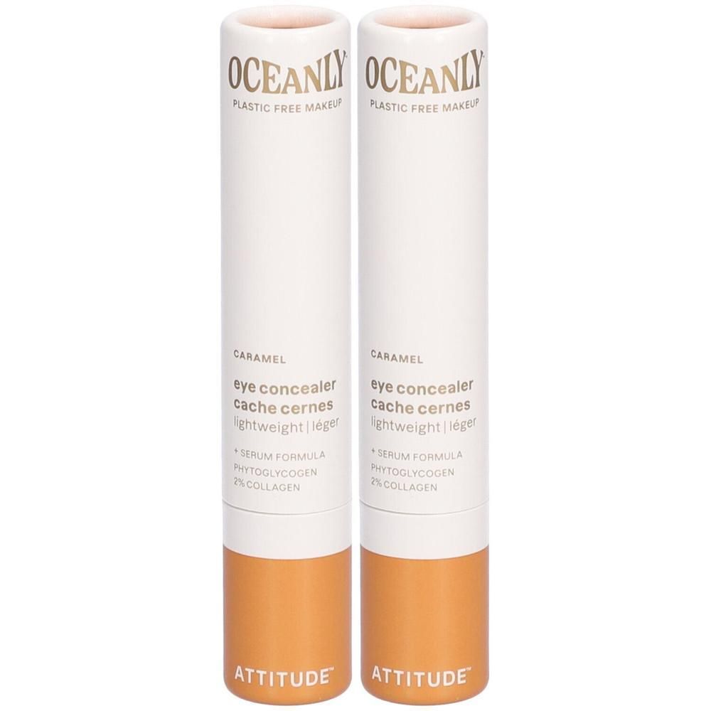 Twee Attitude Oceanly oogconcealers in karamelkleur. Witte tubes met gouden opdruk en bruine onderkant.