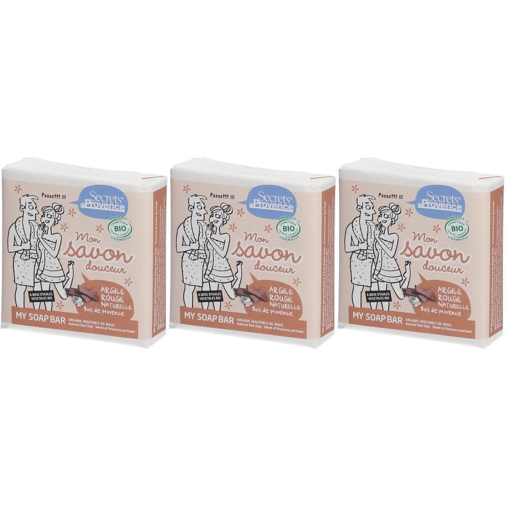 Trois savons emballés "Mon Savon Douceur" de Secrets de Provence.