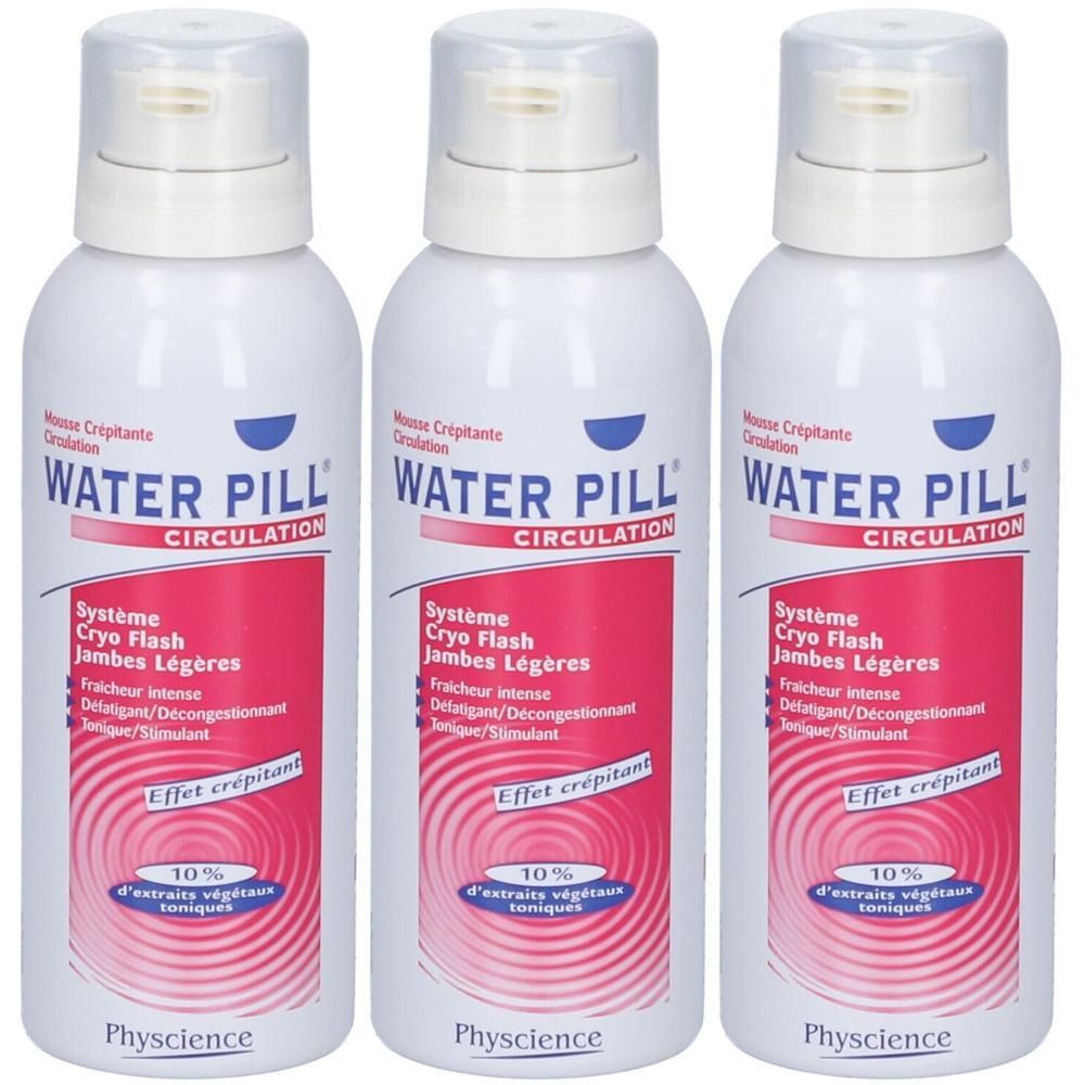 Drie spuitbussen "Water Pill" voor de bloedsomloop. Opschrift "Système Cryo Flash Jambes Légères".
