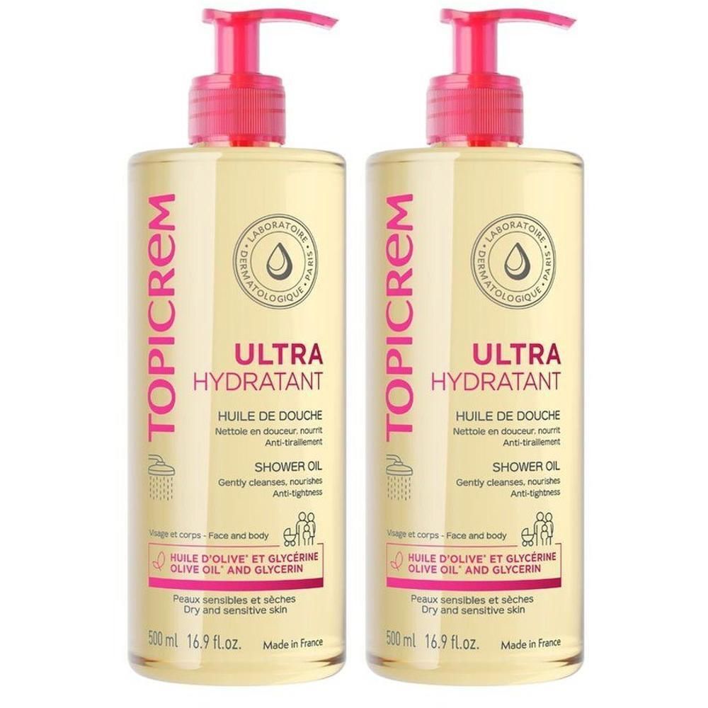 Deux flacons d'Huile de Douche Topicrem Ultra Hydratant avec pompes. Huile jaune, 500 ml.