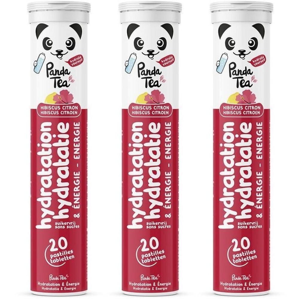 Trois tubes Panda Tea Hydratation Citron/Hibiscus, 20 pastilles par tube.