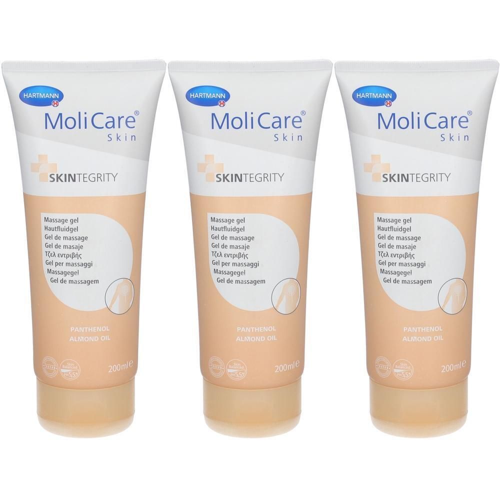 Trois tubes de gel de massage MoliCare Skin avec panthénol et huile d'amande.