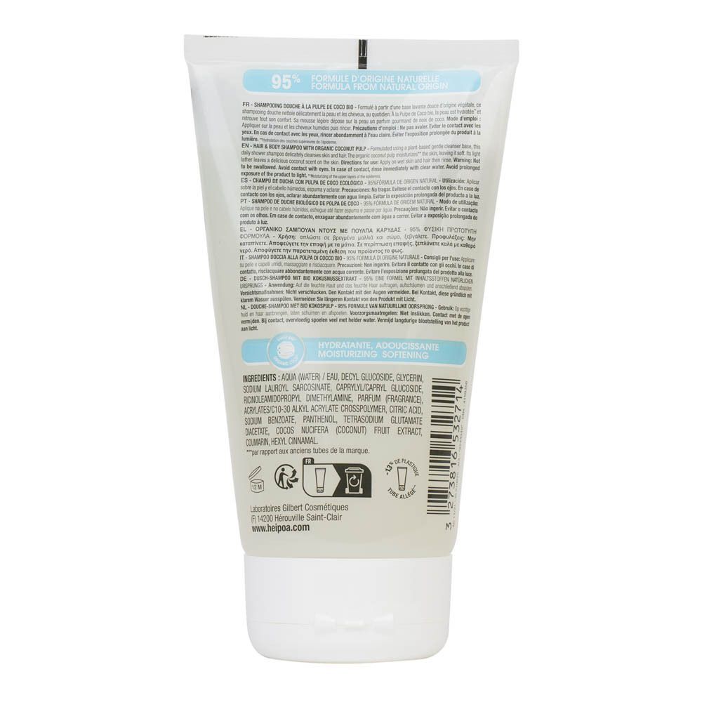 Arrière d'un flacon de shampooing douche Hei Poa 3-en-1 avec liste des ingrédients et instructions.