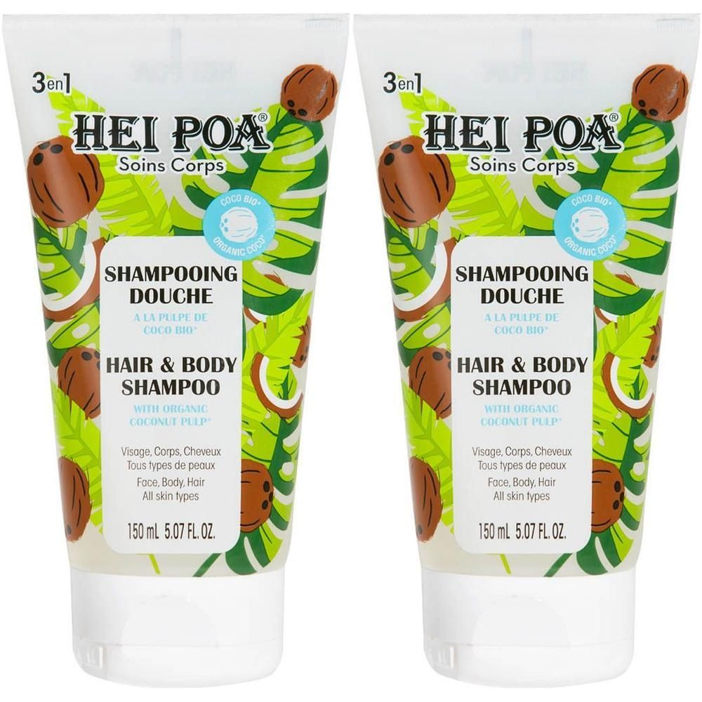 Deux tubes de Hei Poa Shampooing Douche Coco, 150 ml.