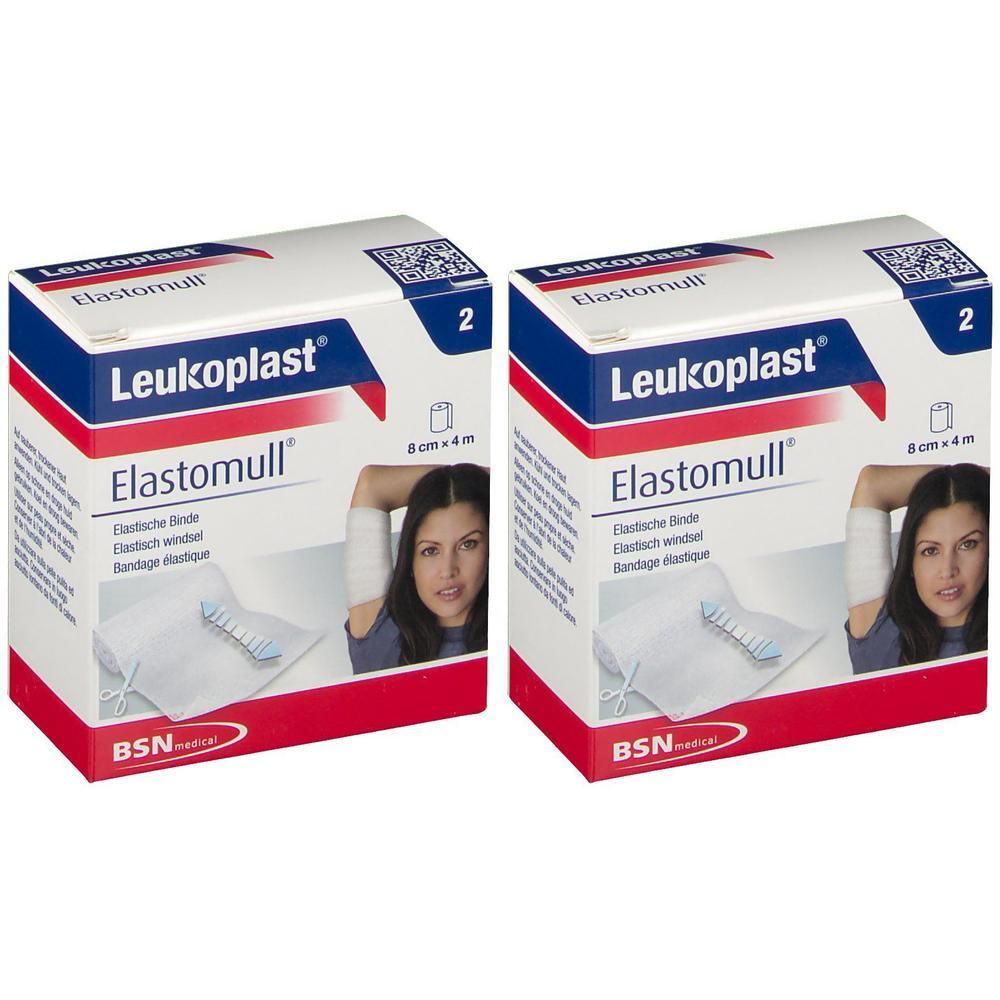 Deux paquets de bandes élastiques Leukoplast Elastomull, 8 cm x 4 m.