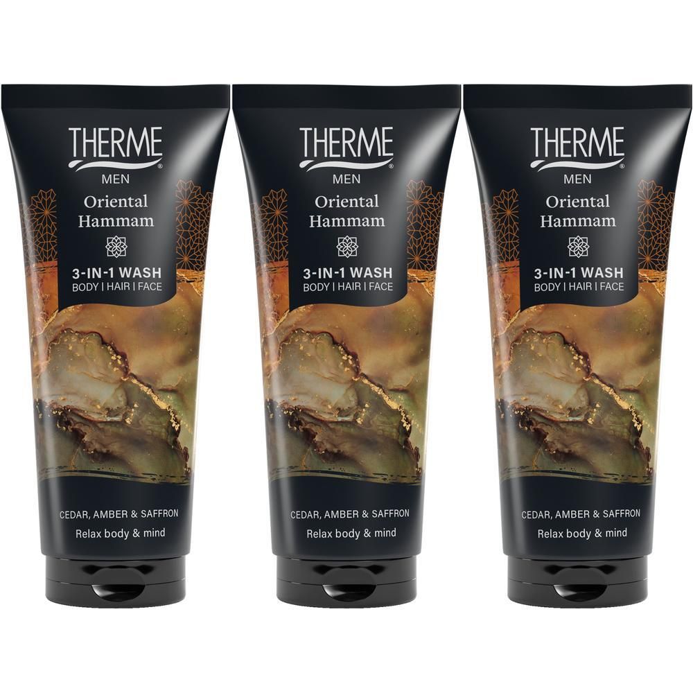 Trois tubes de Therme Oriental Hammam 3-en-1 Wash pour corps, cheveux et visage. Parfum : Cèdre, Ambre & Safran.