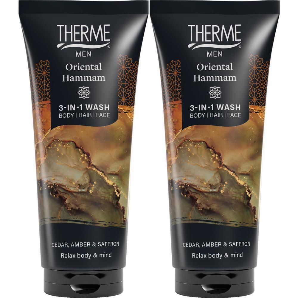 Deux tubes de Therme Oriental Hammam 3-en-1 Wash pour corps, cheveux et visage. Parfum: Cèdre, Ambre & Safran.