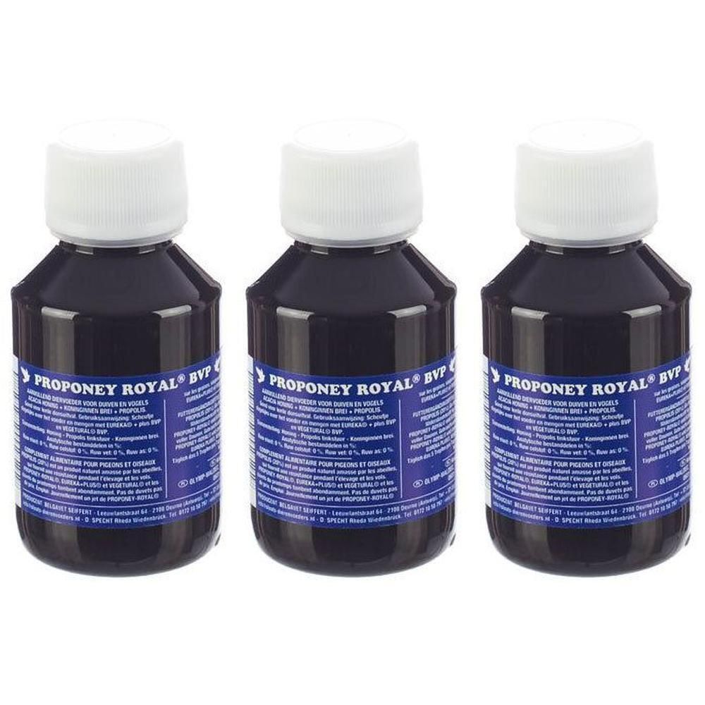 Trois flacons de liquide foncé avec bouchons blancs et étiquettes bleues.