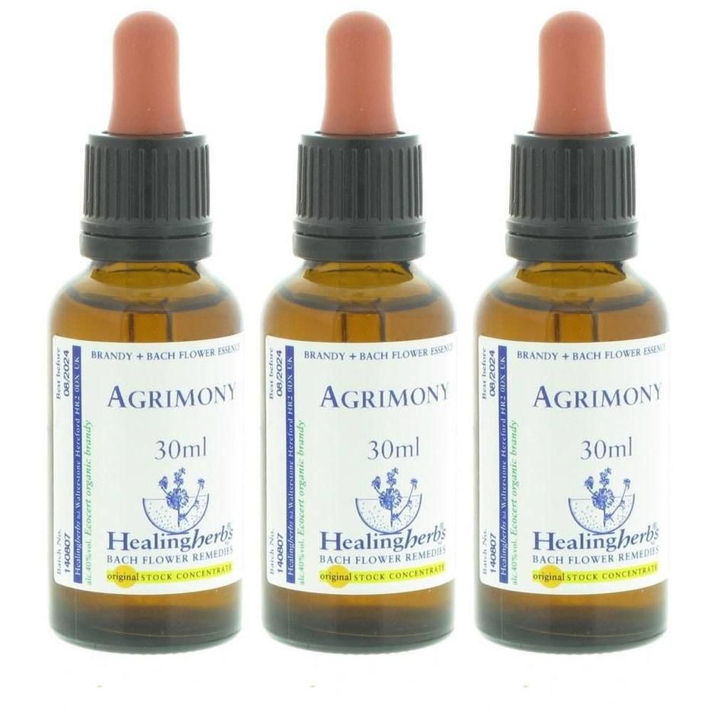 Trois flacons d'Agrimony Bach Flower Remedies, 30ml chacun, avec compte-gouttes.