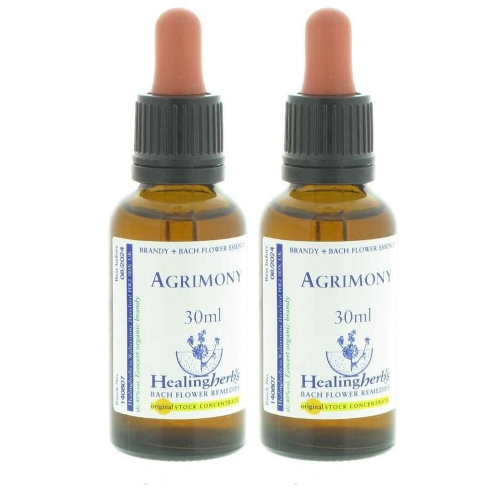 Twee flesjes Agrimony Bach Flower Essence, elk 30ml, met druppeldop.