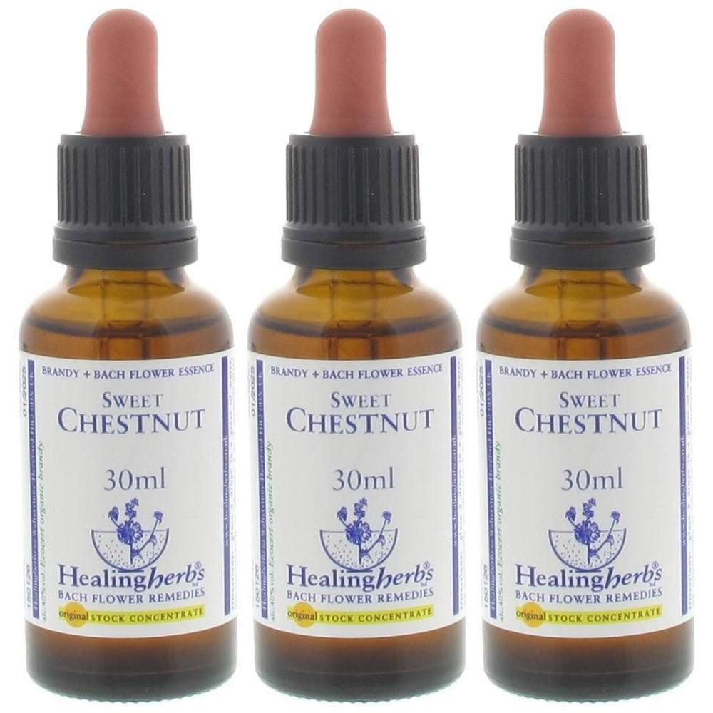 Trois flacons en verre brun de 30ml avec compte-gouttes, étiquette 'Sweet Chestnut'.