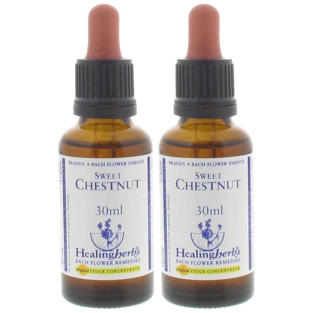 Twee flesjes Healingherbs Sweet Chestnut Bach bloesemremedie, elk 30ml.