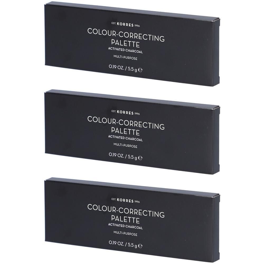 Trois palettes Korres Colour-Correcting au charbon actif, chacune de 5,5g.