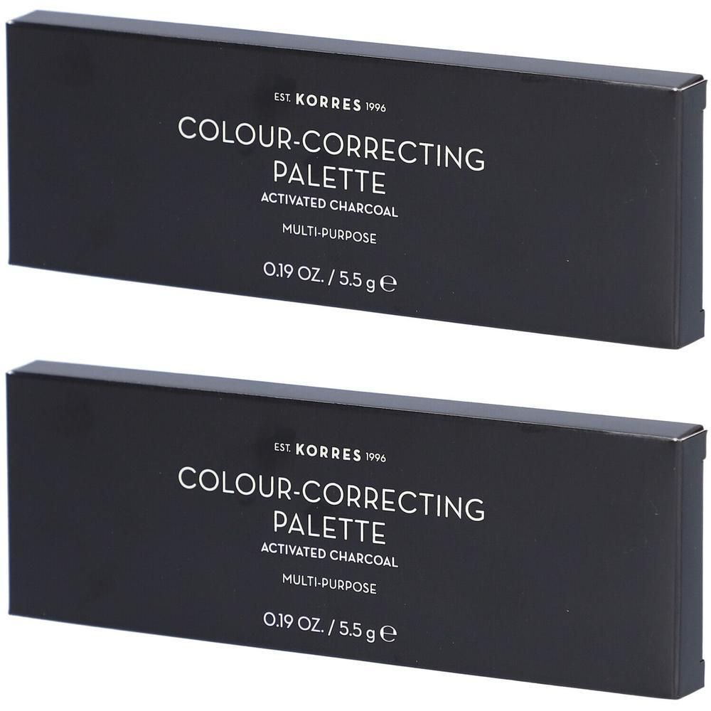 Twee doosjes Korres Kleurcorrigerende Palette met actieve kool, 5,5 g.