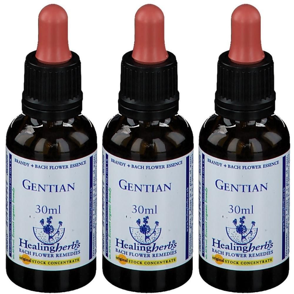 Drie flesjes Healingherbs Gentiaan Bach bloesemremedie, elk 30ml, met druppeldop.