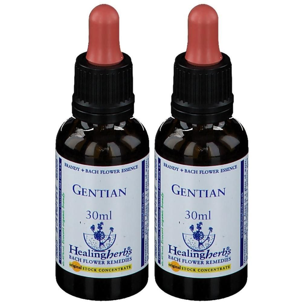 Twee flesjes Gentiaan Bach bloesemremedie, elk 30ml, met druppeldop.