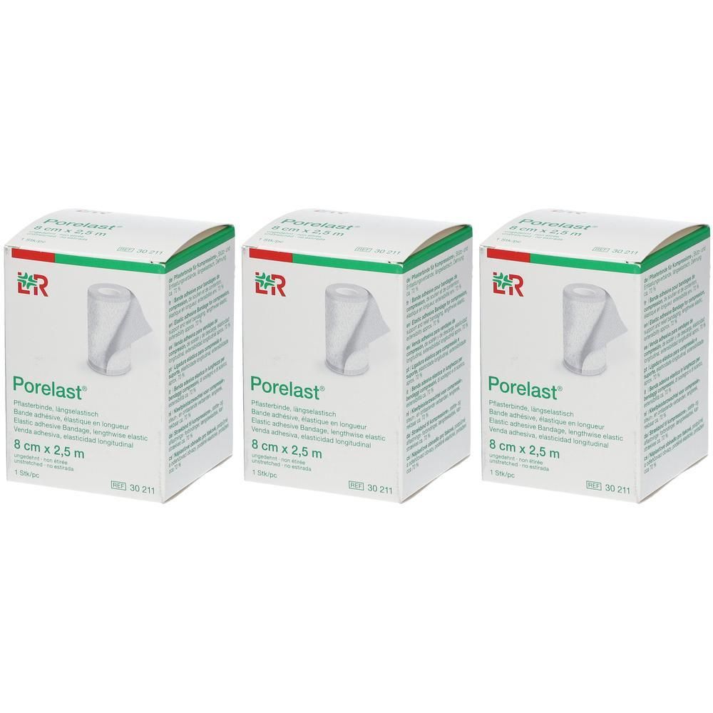 Drie verpakkingen Porelast zwachtel, 8 cm x 2,5 m.