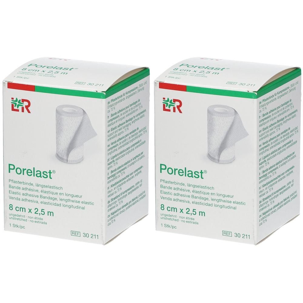 Twee verpakkingen Porelast elastisch verband, 8 cm x 2,5 m.