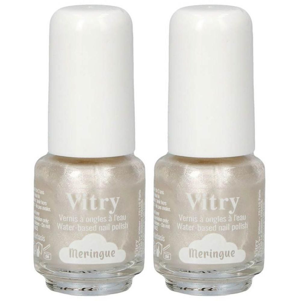 Deux flacons de vernis à ongles Vitry couleur Meringue. Teinte claire et nacrée.