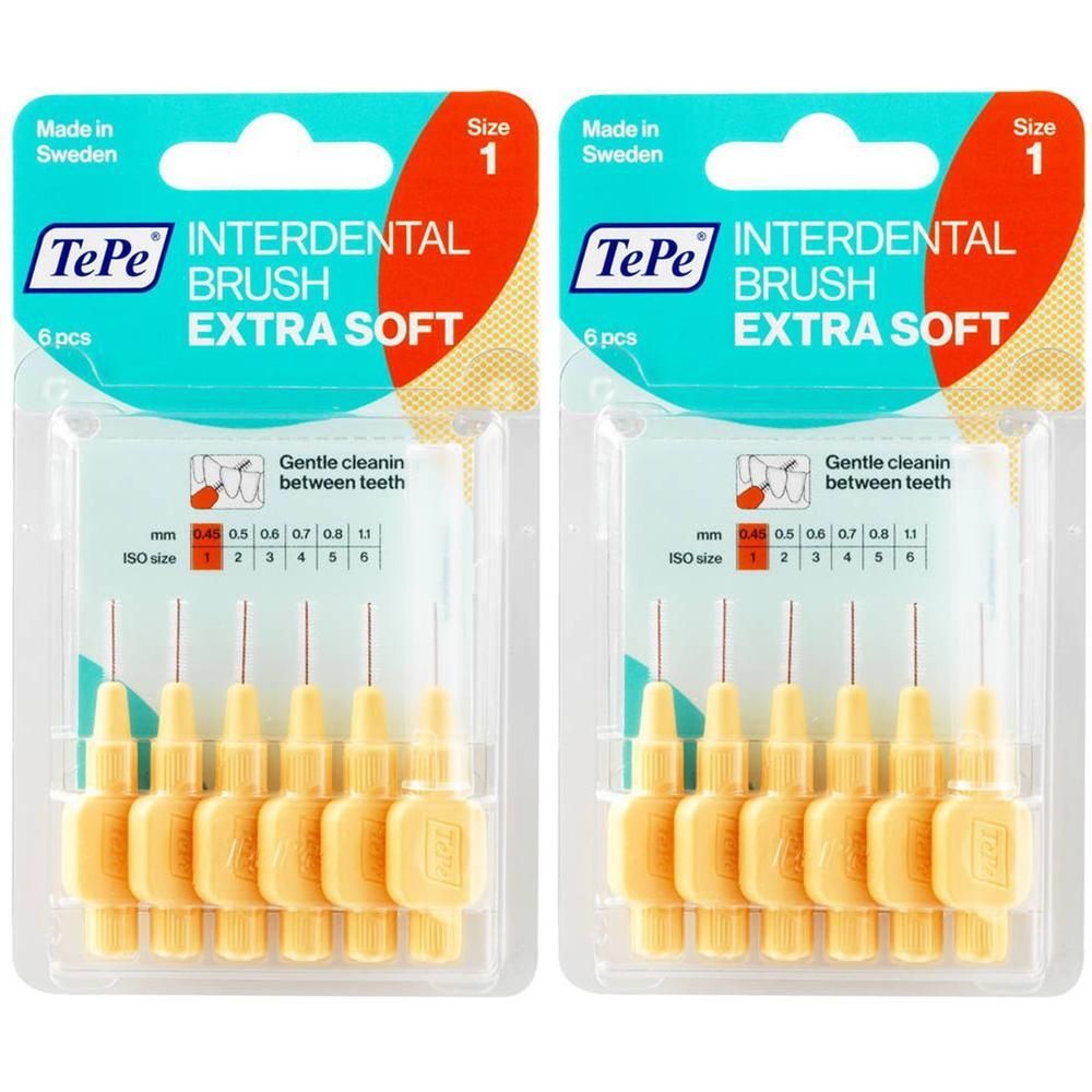 Deux paquets de brosses interdentaires TePe, taille 1, extra souple, orange, 6 pièces par paquet.