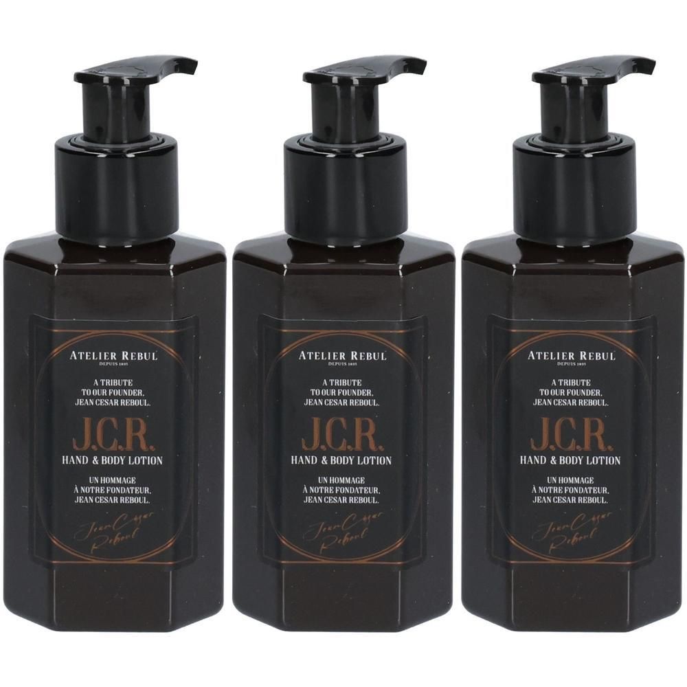Drie bruine pompflesjes met Atelier Rebul J.C.R. hand- en lichaamslotion.