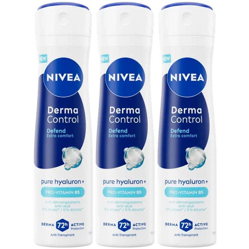 Trois sprays NIVEA Derma Control Defend avec Hyaluron et Vitamine B5. Protection active 72h.