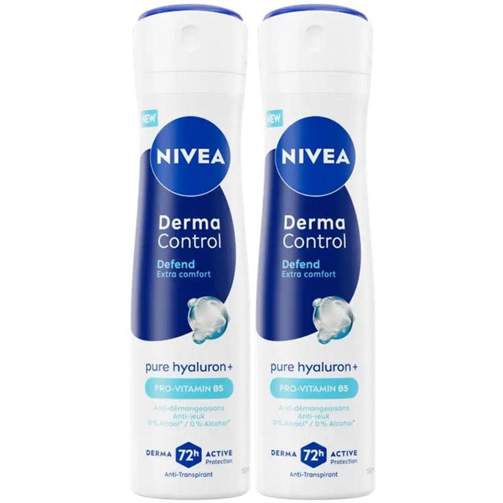Twee NIVEA Derma Control Defend sprays met Hyaluron en Vitamine B5. 72u bescherming.