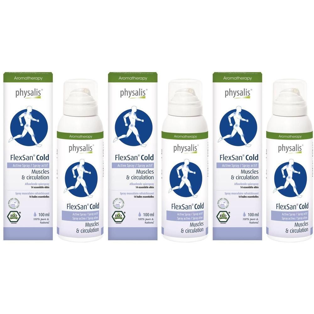 Vijf flacons Physalis FlexSan Cold Spray met afbeelding van een hardloper. 100ml.