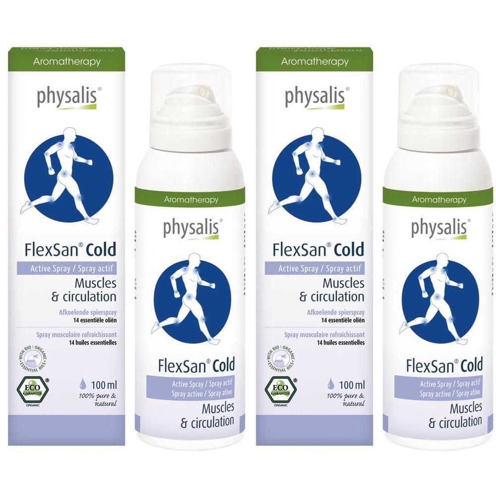 Spray froid Physalis FlexSan : Bouteilles avec illustration d'un coureur, pour les muscles et la circulation.