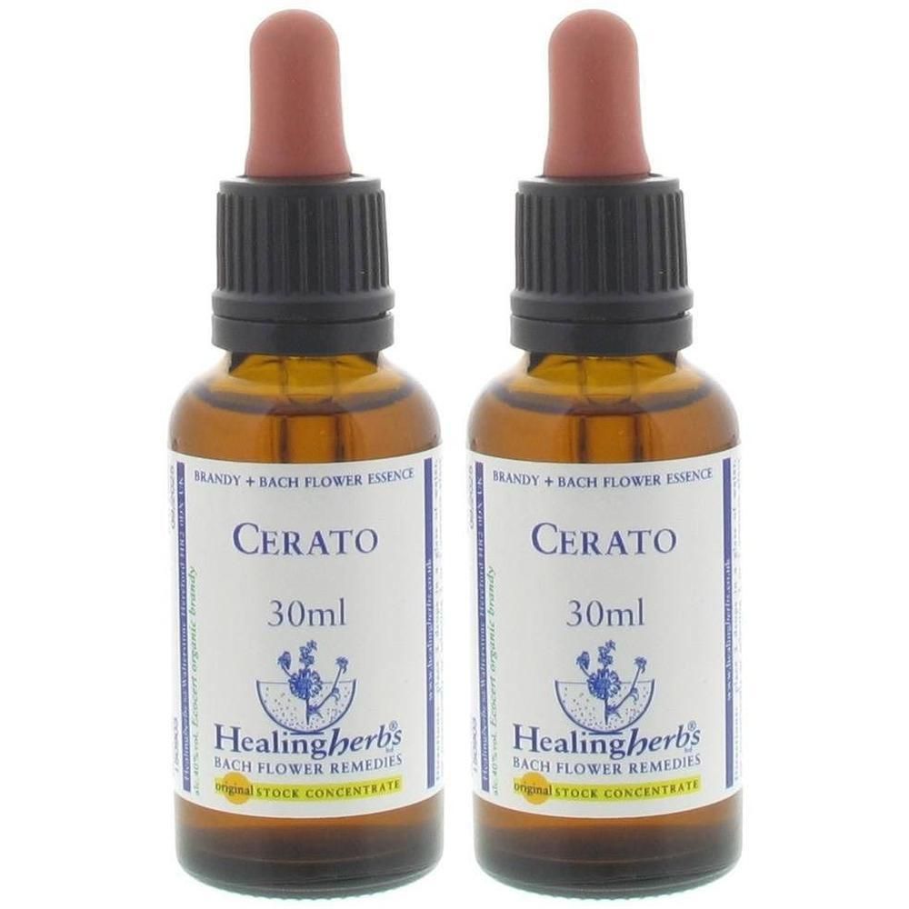 Twee flesjes Healing Herbs Cerato Bach bloesemremedie, elk 30ml, met druppeldop.
