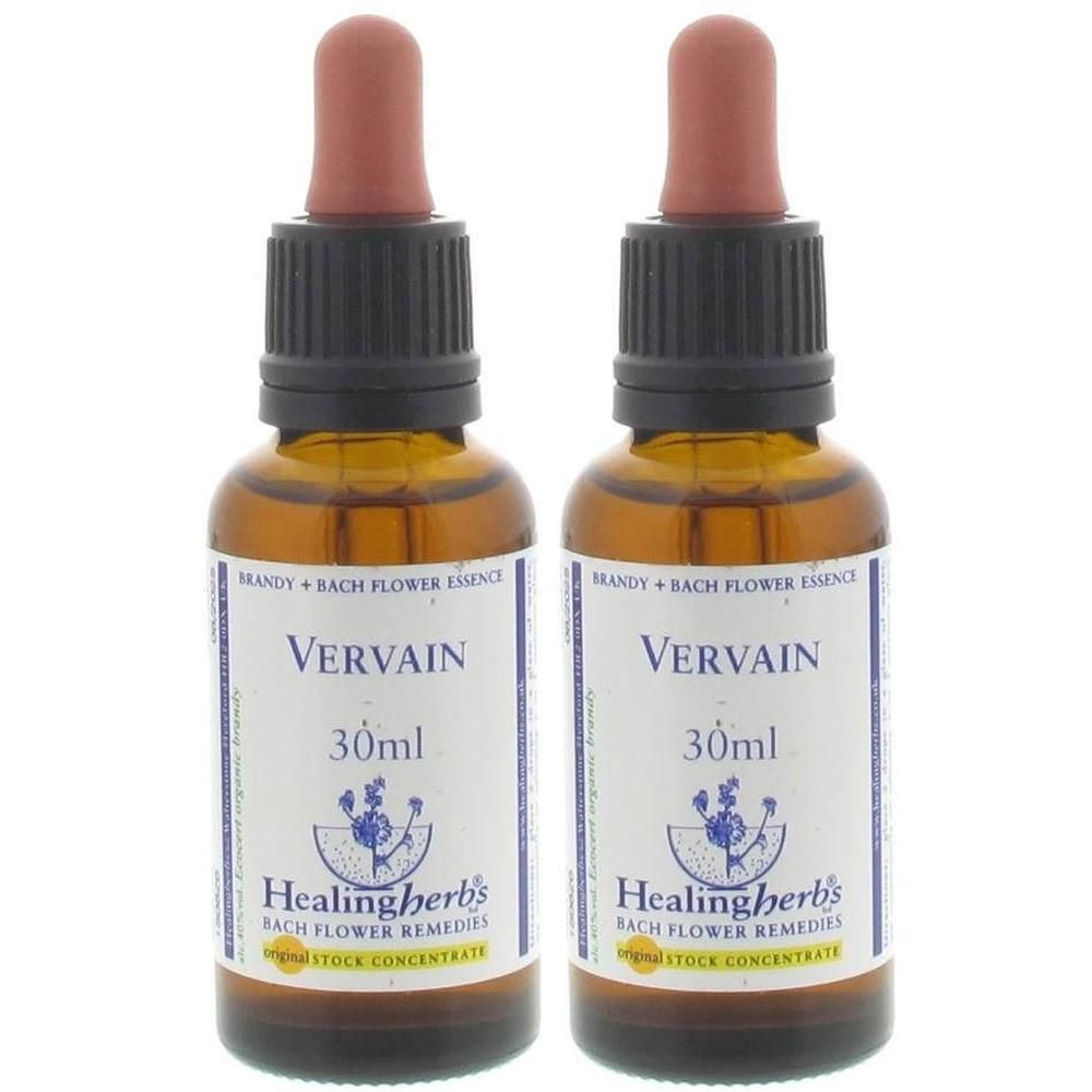Twee flesjes Vervain Healing Herbs essence, elk 30ml, met druppelaar.