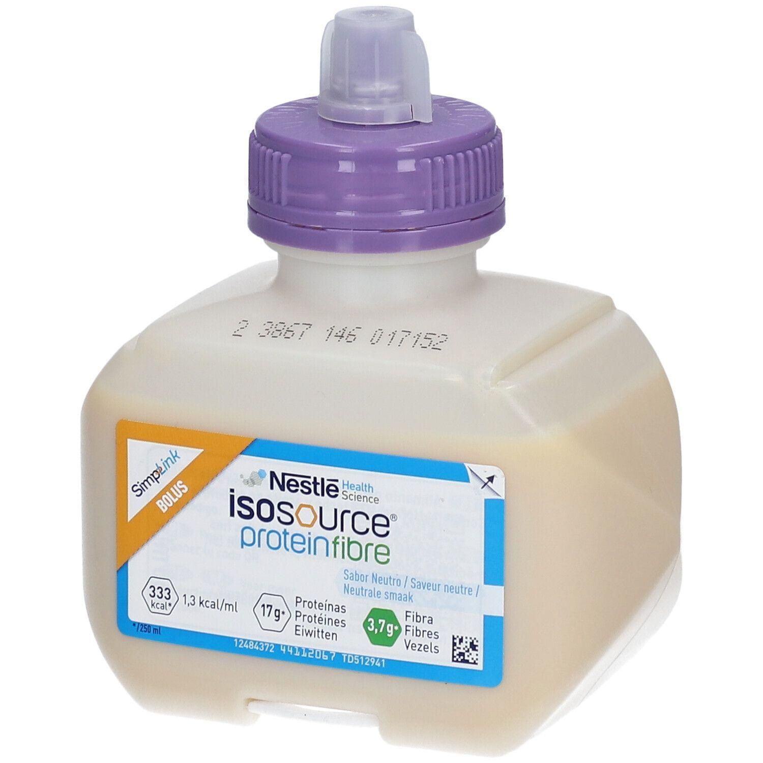 Isosource Protein Fibre Bolus fles met paarse dop. Bevat voedingswaarde-informatie.