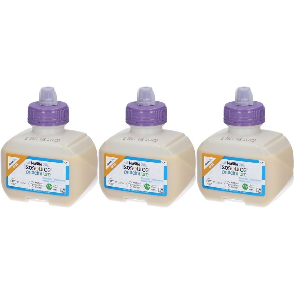 Drie Isosource Protein Fibre flessen met paarse dop.